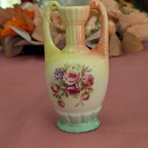 Vintage Hand-Painted Floral Ceramic Vase in yellow, Peach, mint and cream.